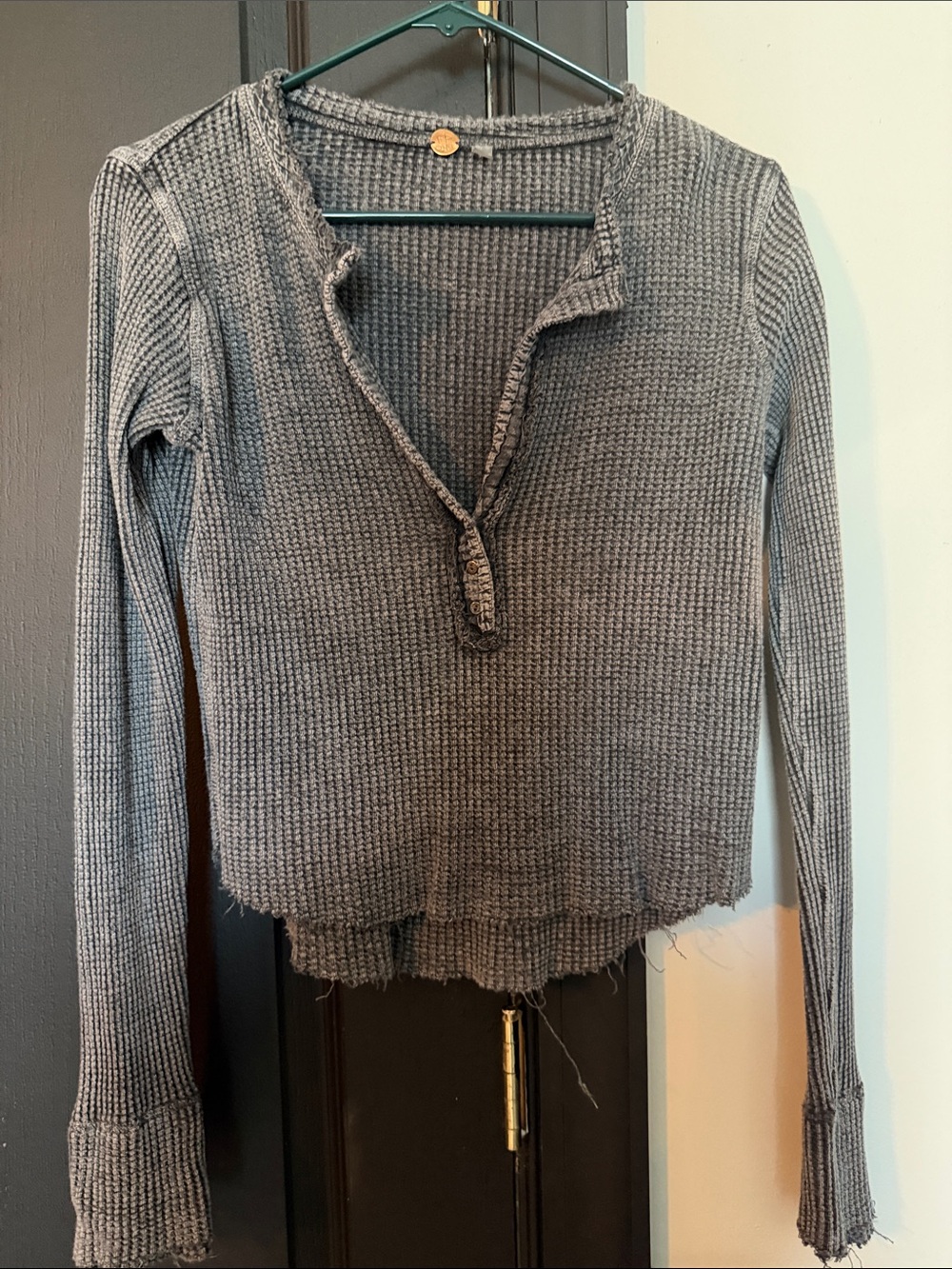Free People Gray Waffle Knit Long Sleeve Henley